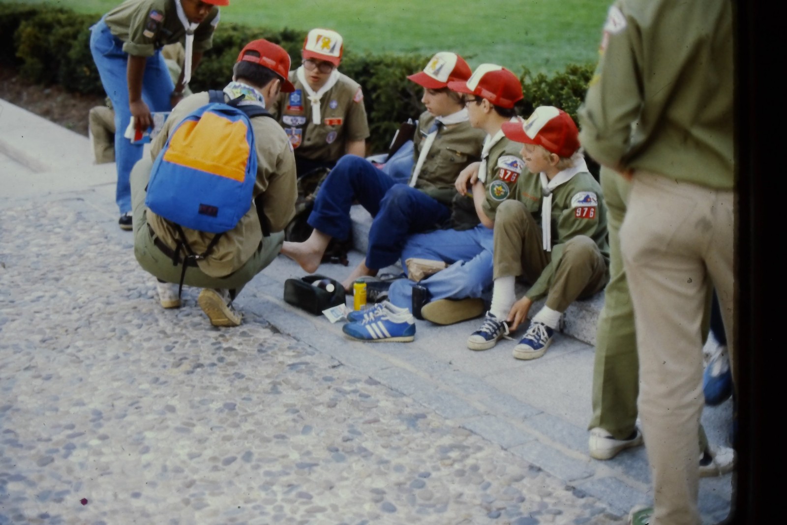 c1970's Ektachrome 35mm Slide, Boy Scouts Group Resting Cobblestone Path blue