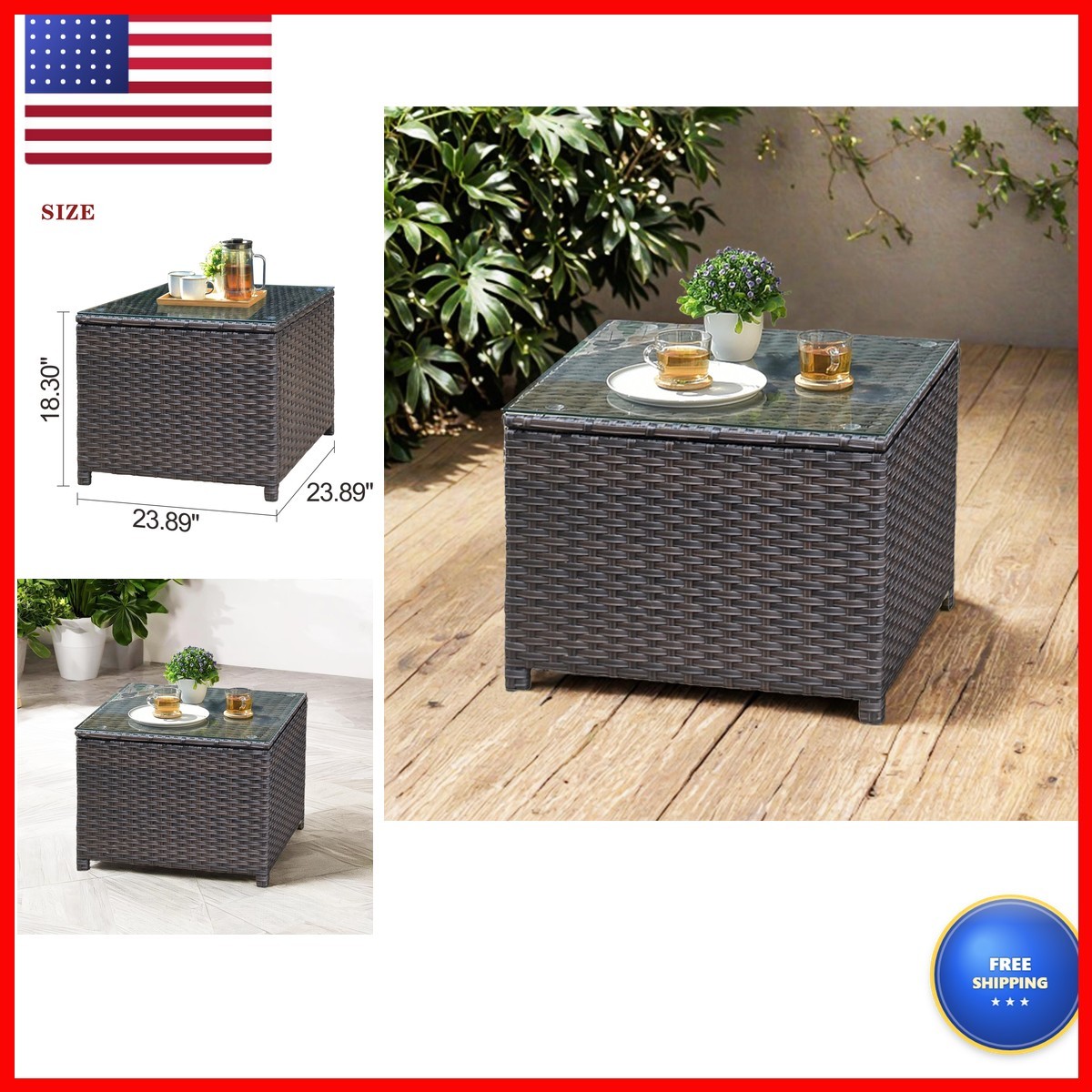 Ovios Outdoor Side Table Tempered Glass Top, Patio Wicker Coffee Table, Rattan Ovios Outdoor Side Table Tempered Glass Top, Patio Wicker Coffee Table, Rattan