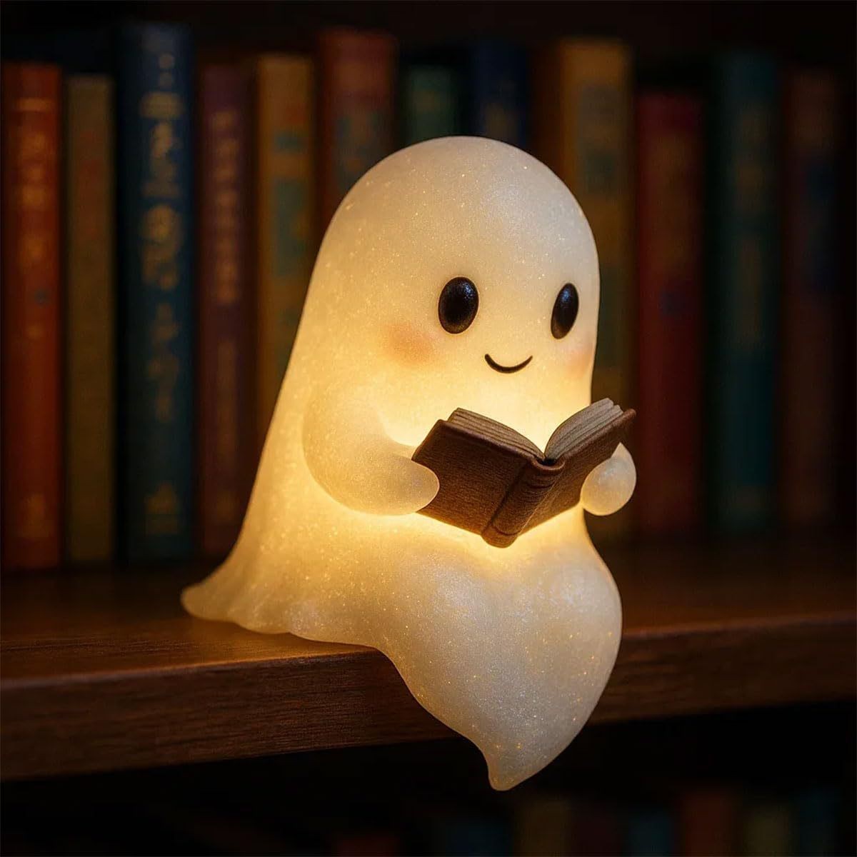 Cute Ghost Reading Book LED Night Light Halloween Resin Decor Warm Lamp 10cm