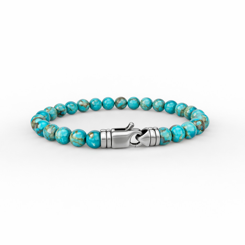 Men's Natural Turquoise Bead Bracelet 4mm 6mm 8mm 925 Sterling Silver Handmade