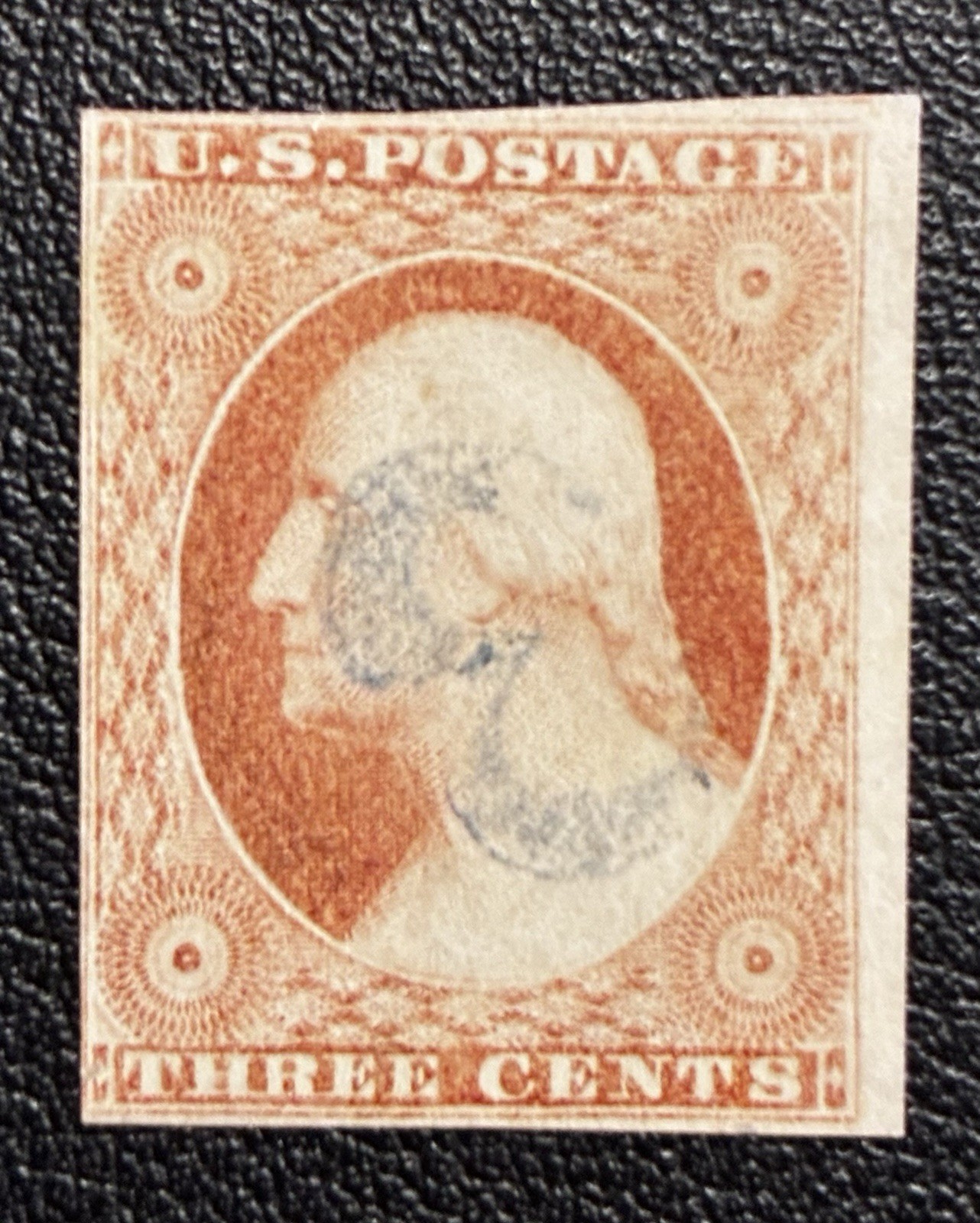 US Stamp, Scott #11A Plated, #3 Blue Cancel, 1853 3c Wash, Dull Red, TYP II/Used US Stamp, Scott #11A Plated, #3 Blue Cancel, 1853 3c Wash, Dull Red, TYP II/Used