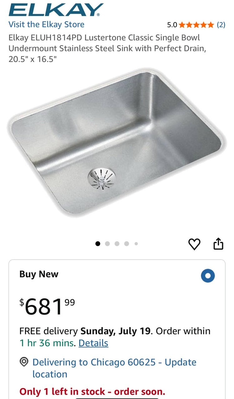 Elkay ELUH1814PD Lustertone Classic Single Bowl Stainless Sink, 20.5\