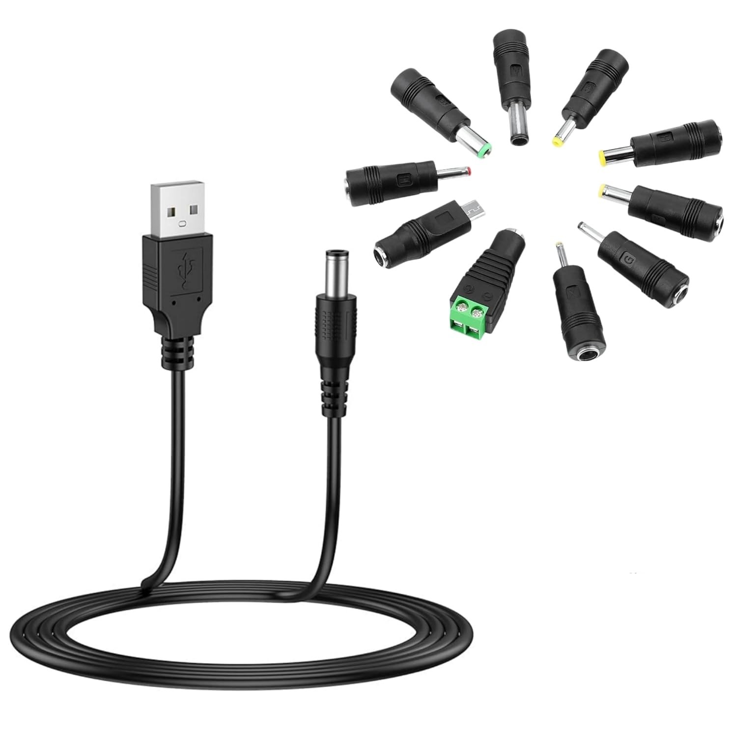 Universal 5V DC Power Cable, USB to DC Charging Cord with 10pcs Adapter Plugs