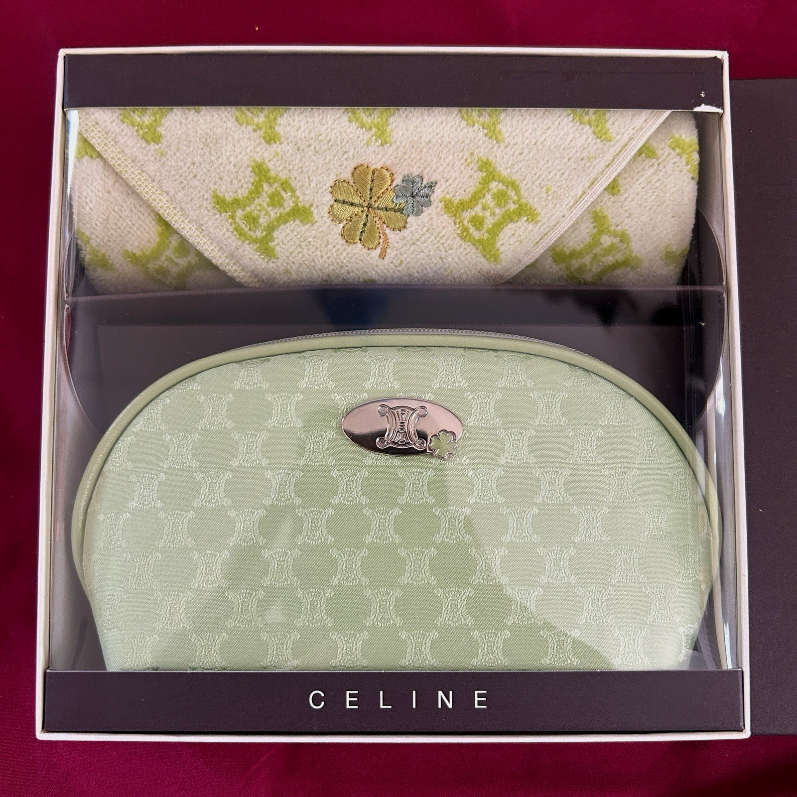 CELINE Macadam Green/White Monogram Zip Makeup Bag Pouch w/ Towel & Box