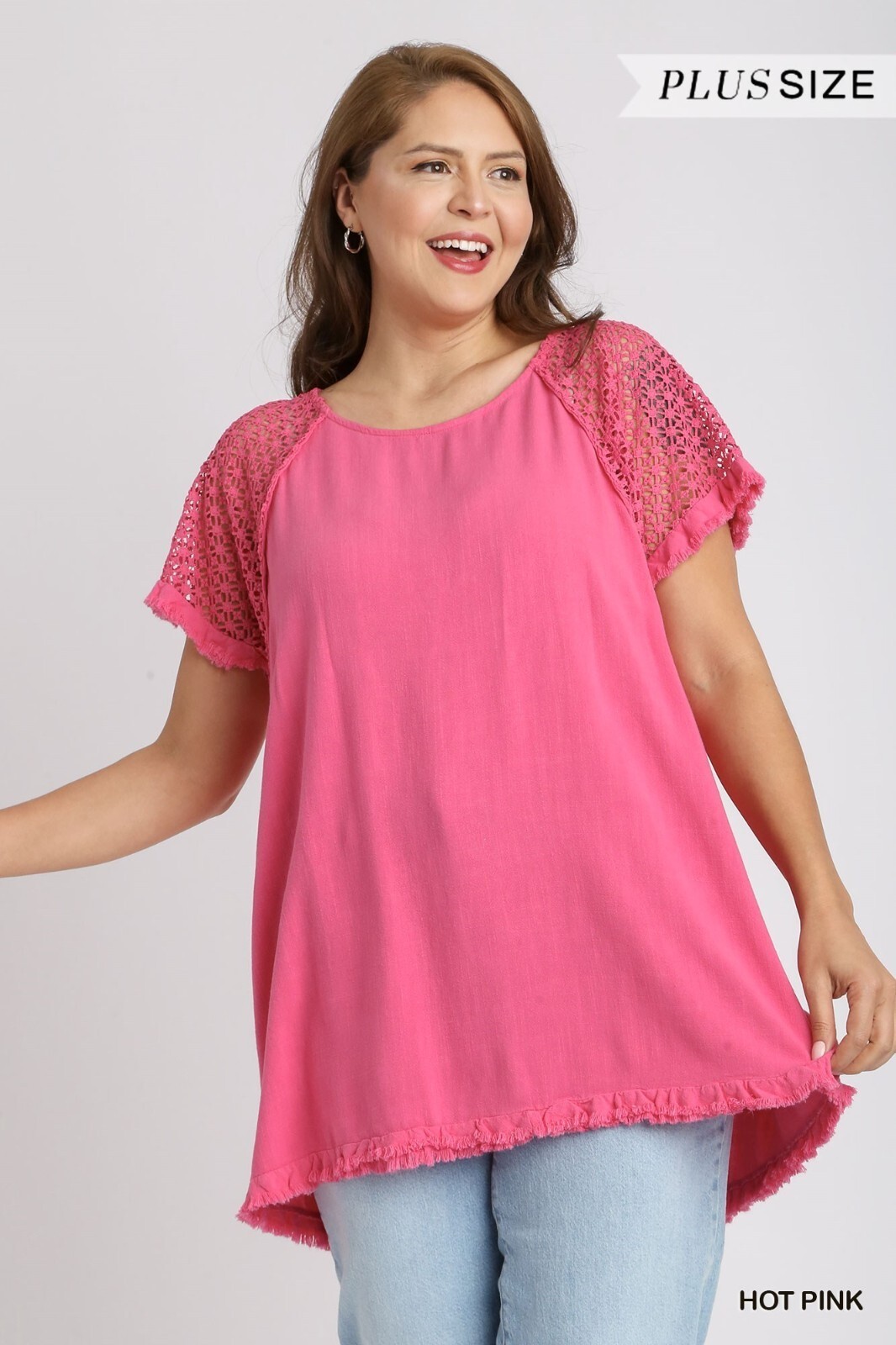 Umgee Hot Pink Plus Linen Blend Round Neck Crochet Fringe Short Sleeves Detail Umgee Hot Pink Plus Linen Blend Round Neck Crochet Fringe Short Sleeves Detail