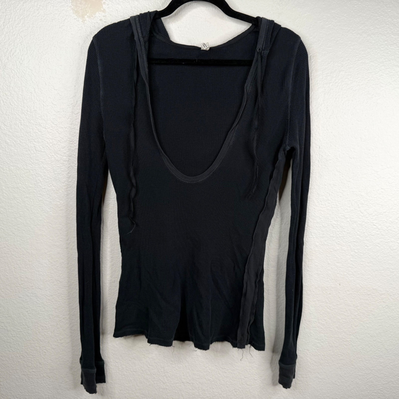 Y2K 90\'s Grunge Thermal Waffle Deep V Hoodie Top Gray Sz M