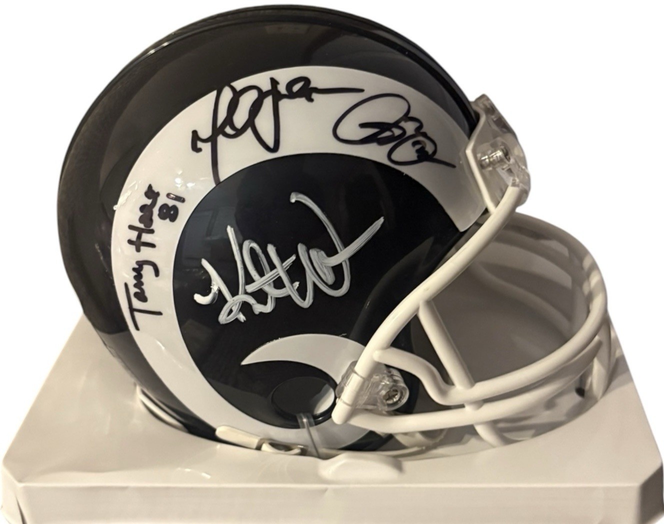 St. Louis Rams Isaac Bruce Kurt Warner Marshall Faulk  Holt Signed Mini Helmet