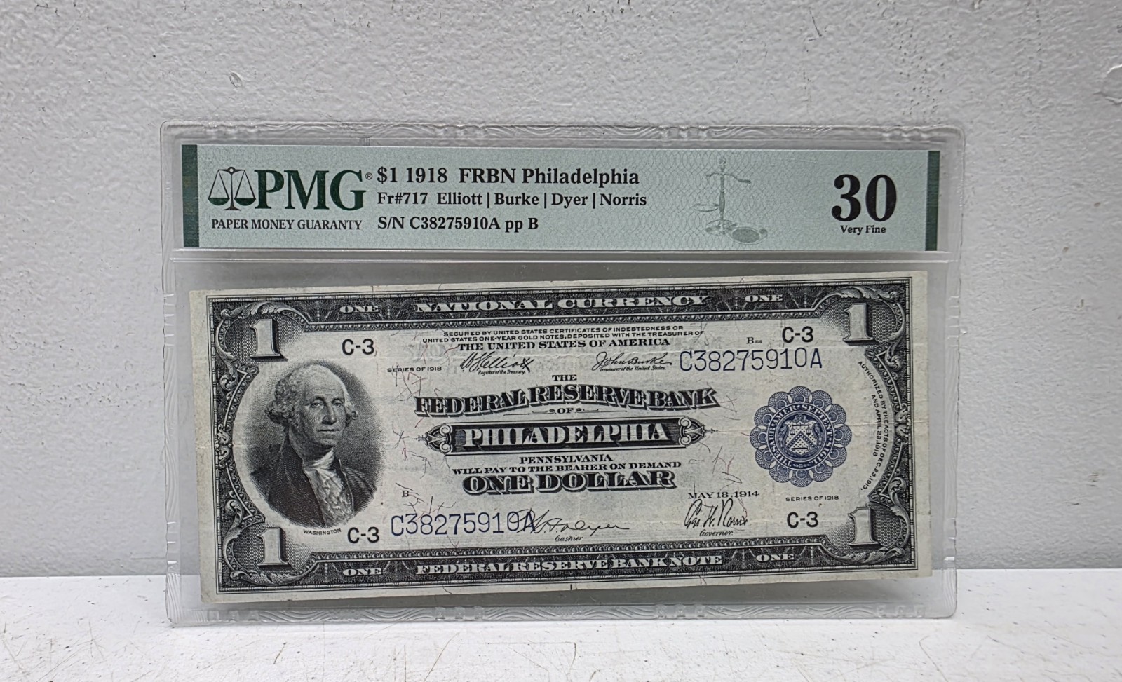 1918 $1 FRBN Philadelphia - Fr# 717 Elliot/Burke/Norris - PMG VF30 - Blue Seal