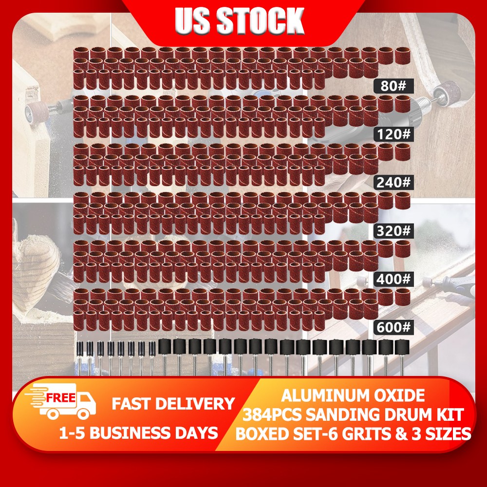 384PCS Sanding Drum Kit Sander Sleeves With Mandrels&Box for Dremel Rotary Tool