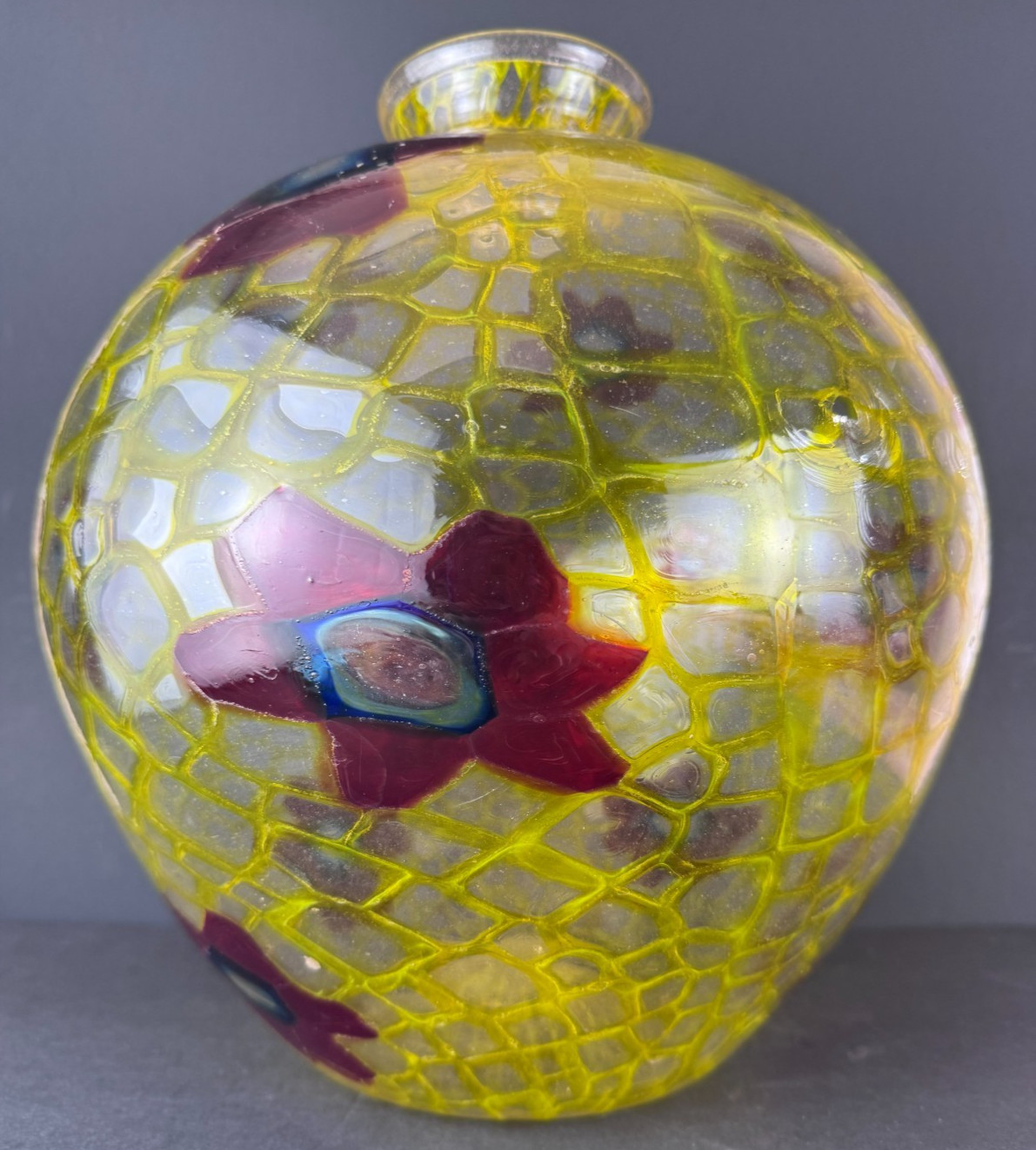 RARE Ercole Barovier Style Italian Art Glass Mosaico Yellow Red Floral Vase RARE Ercole Barovier Style Italian Art Glass Mosaico Yellow Red Floral Vase