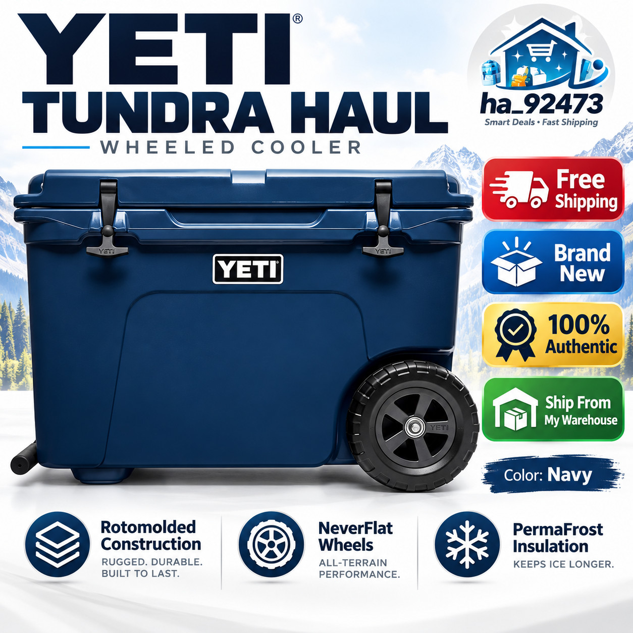 Big Sale YETI Tundra Haul Wheeled Cooler Navy White Charcoal Rotomolded