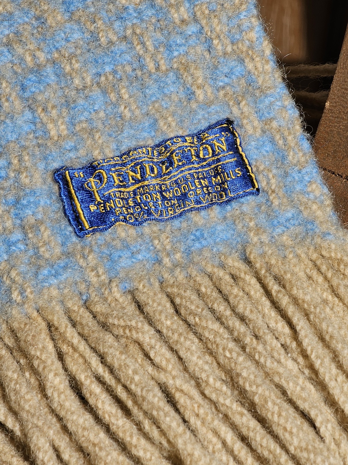 Vintage Pendleton Wool Throw Blanket Fringe Basket Weave /Waffle Pattern MCM