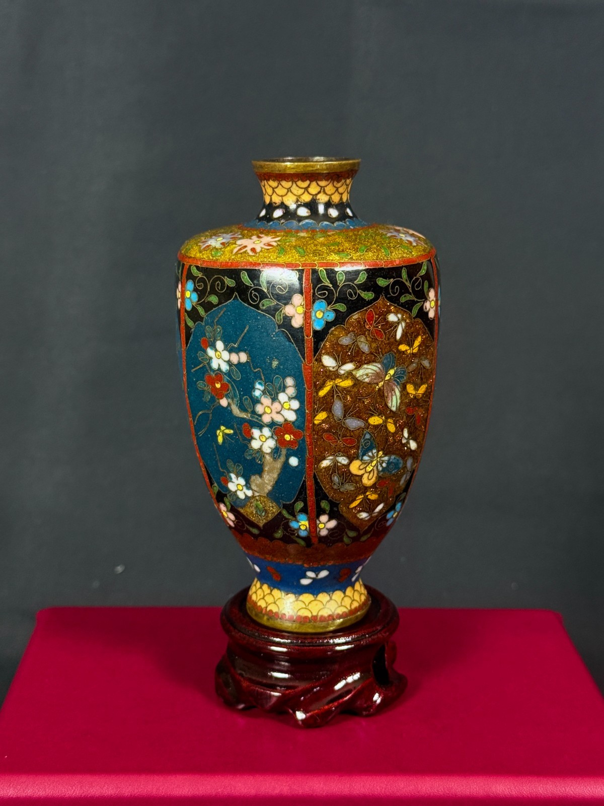 Japanese Meiji Cloisonné Vase, Fine Wire Floral Panels, 5 in, with Stand