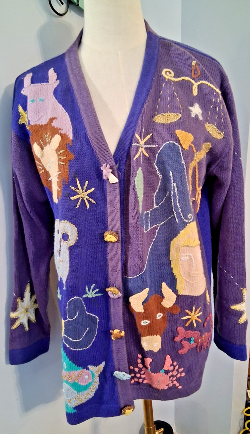 Rare Vintage 90\'s Storybook Knits Zodiac Horoscope Witchy Gothic Cardigan SZ L Rare Vintage 90\'s Storybook Knits Zodiac Horoscope Witchy Gothic Cardigan SZ L
