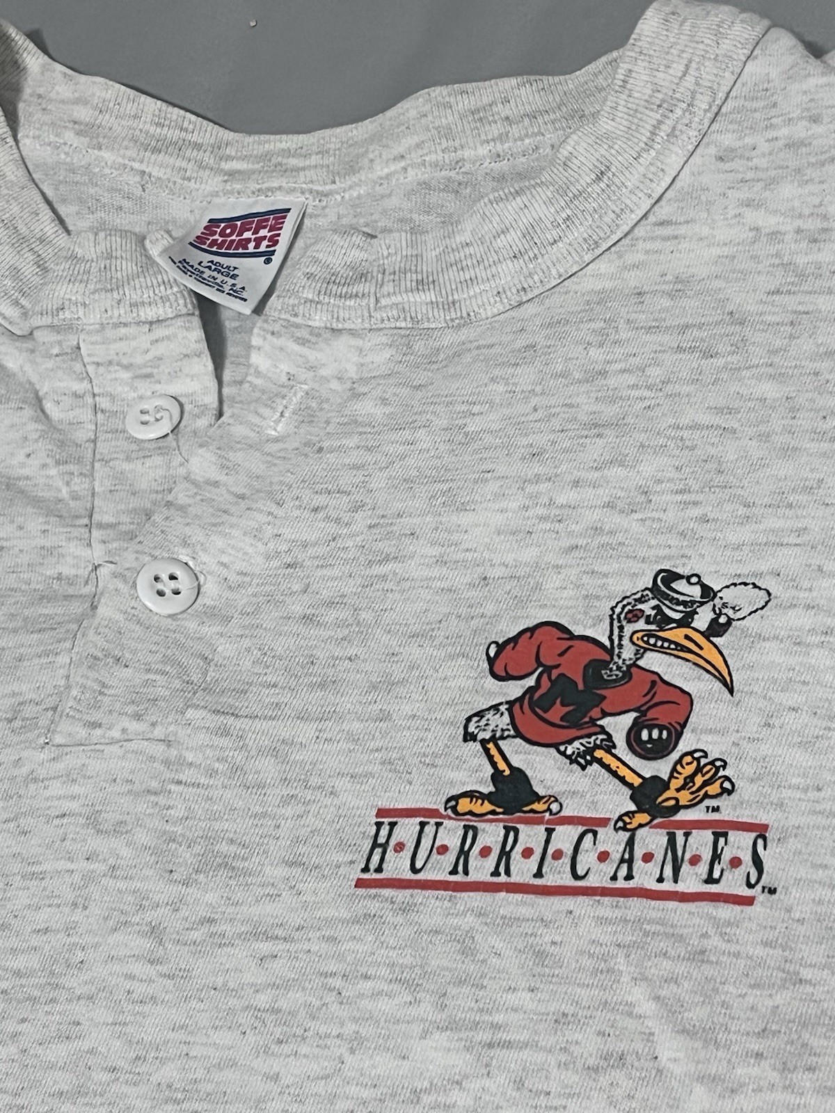 Vintage 90s Miami Hurricanes Sebastian Ibis Henley T Shirt USA L Single Stitch