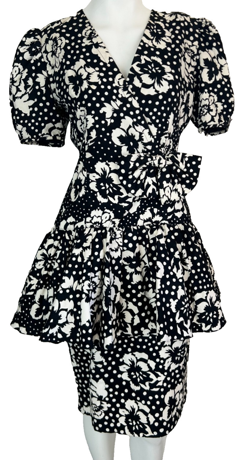 Vintage Rickie Freeman TeriJon Floral Polka Dot Drop Waist 80s Party Dress 6 EUC