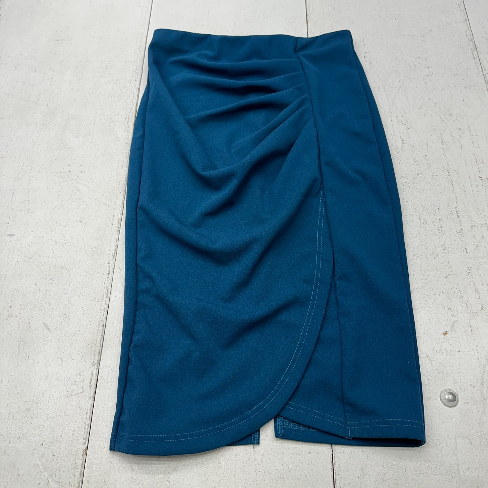 Shein Dark Blue Elastic Waist Ruched Side Slit Knee Length Skirt Women\'s Size M
