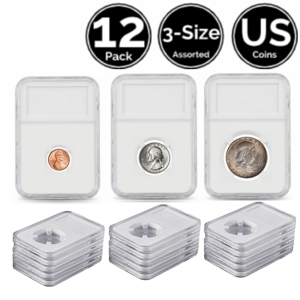 12 Pack 3 Size Assorted Slab Coin Snap Holders For US Cent Quarter Half Dollar