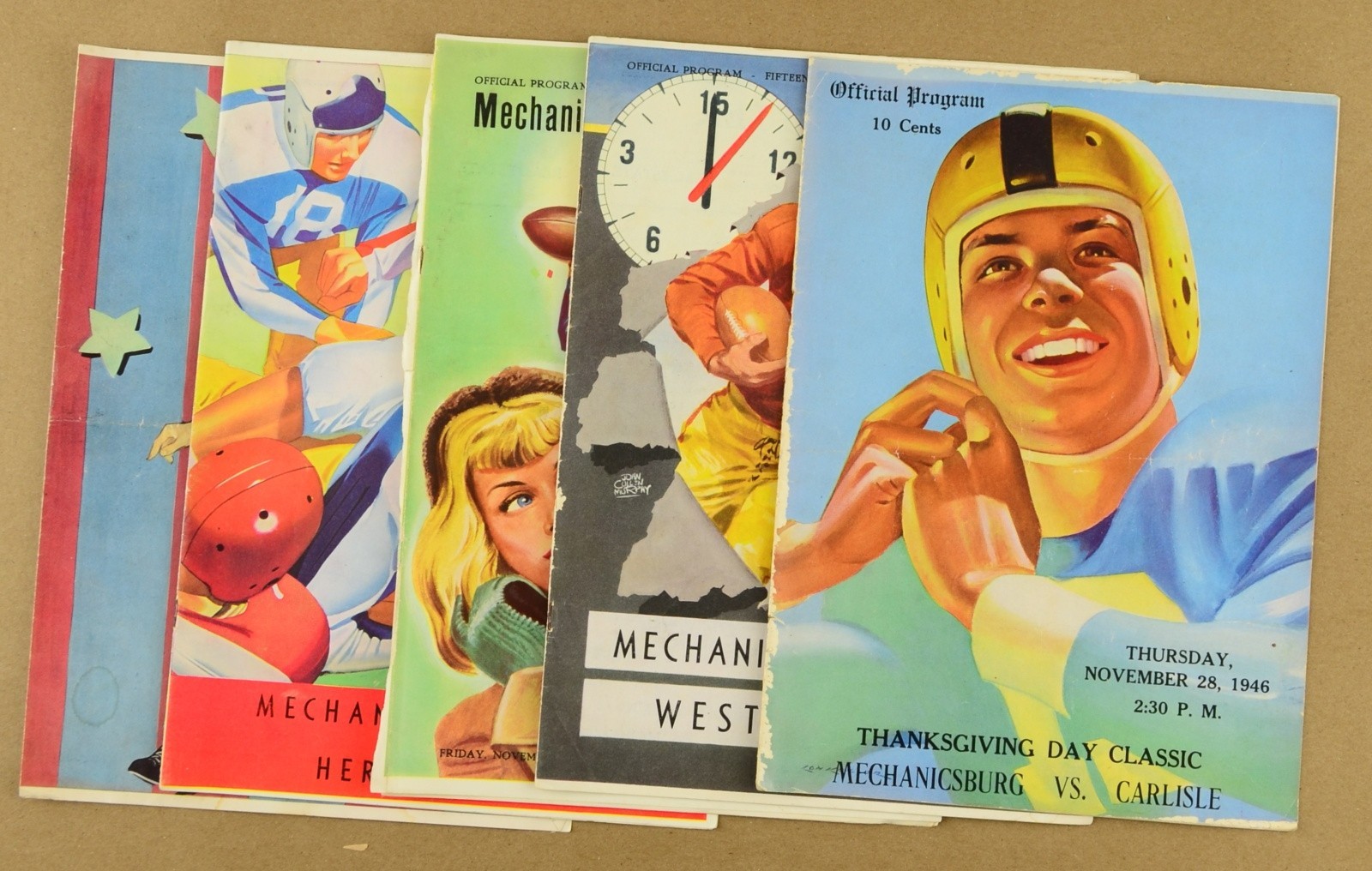 Lot of 5 Vintage 1946-1950 Mechanicsburg PA High School Football Programs
