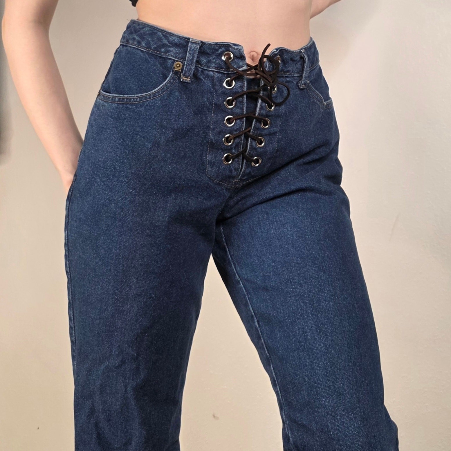 VINT 90s Lace Up Jeans High Waist Dark Wash Bootcut Moda International Size 8 VINT 90s Lace Up Jeans High Waist Dark Wash Bootcut Moda International Size 8