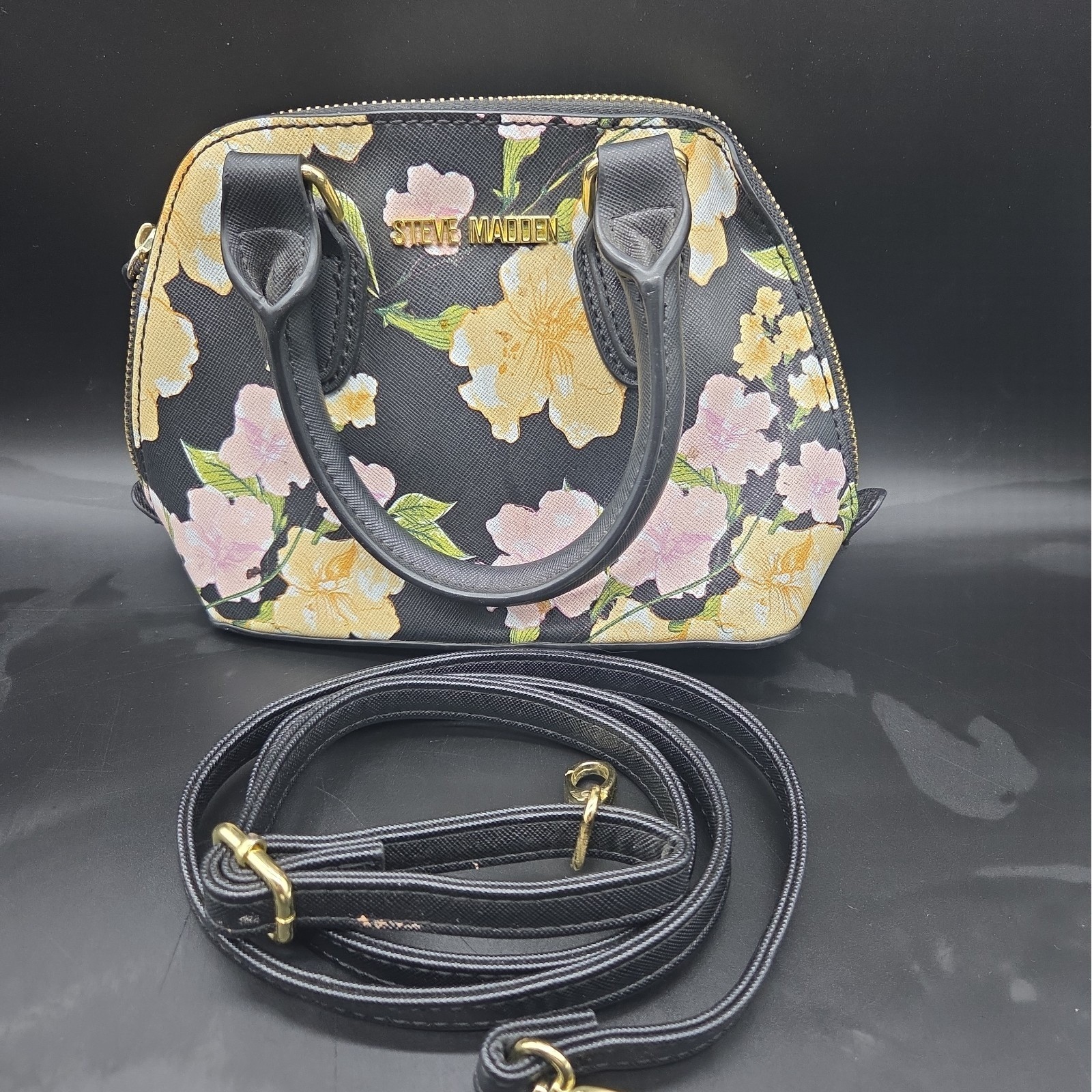 Steve Madden Black Floral Mini Satchel Crossbody Purse Yellow White Blossom Gold