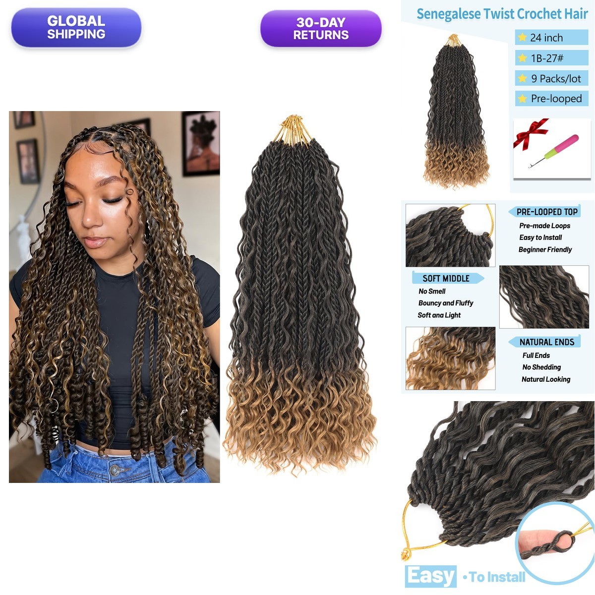 24 Inch 9 Packs Senegalese Twist Crochet Braiding Hair Pre-Looped Curly Ends 24 Inch 9 Packs Senegalese Twist Crochet Braiding Hair Pre-Looped Curly Ends