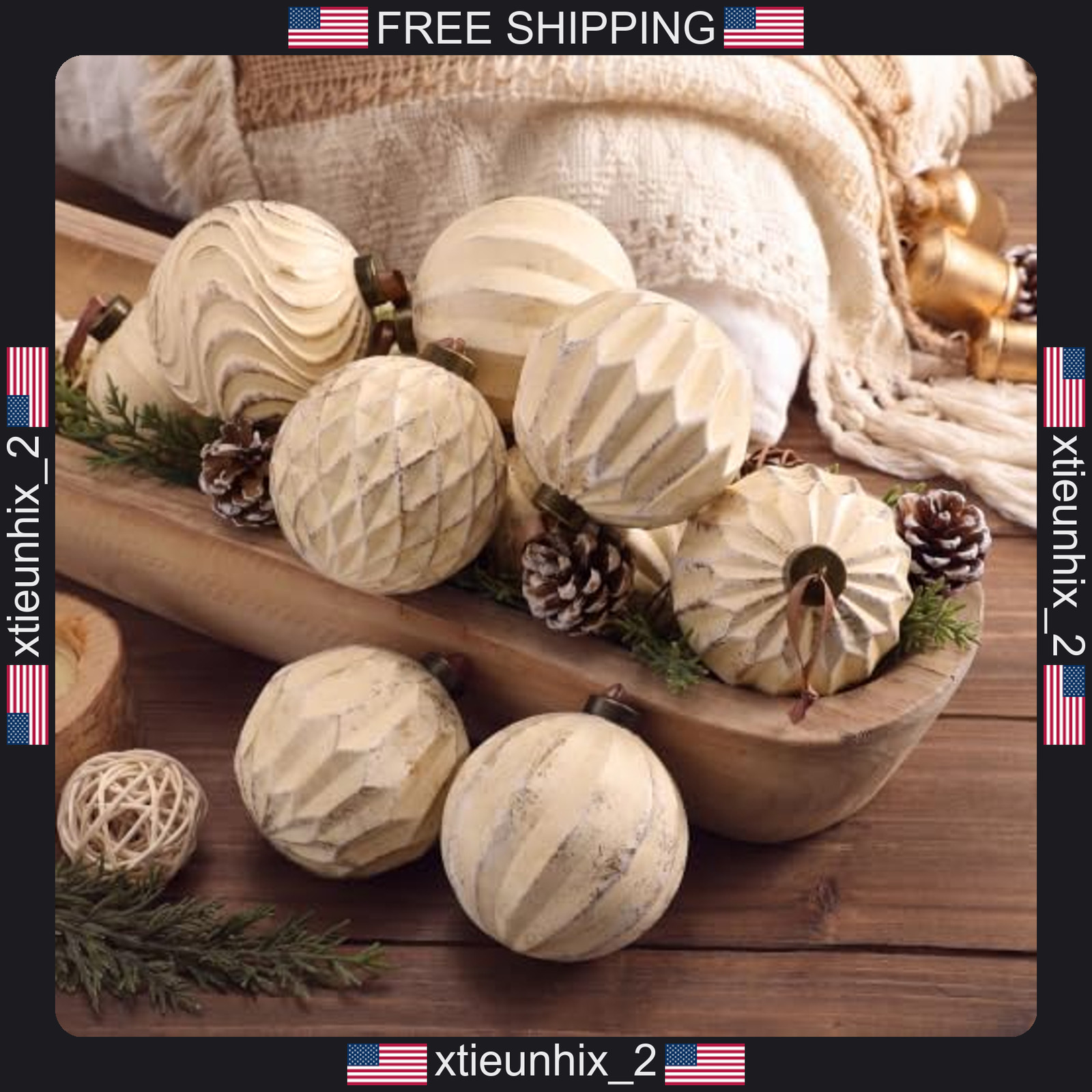Farmhouse Christmas Ornaments Set 6 Cream White Textured 4 Inch