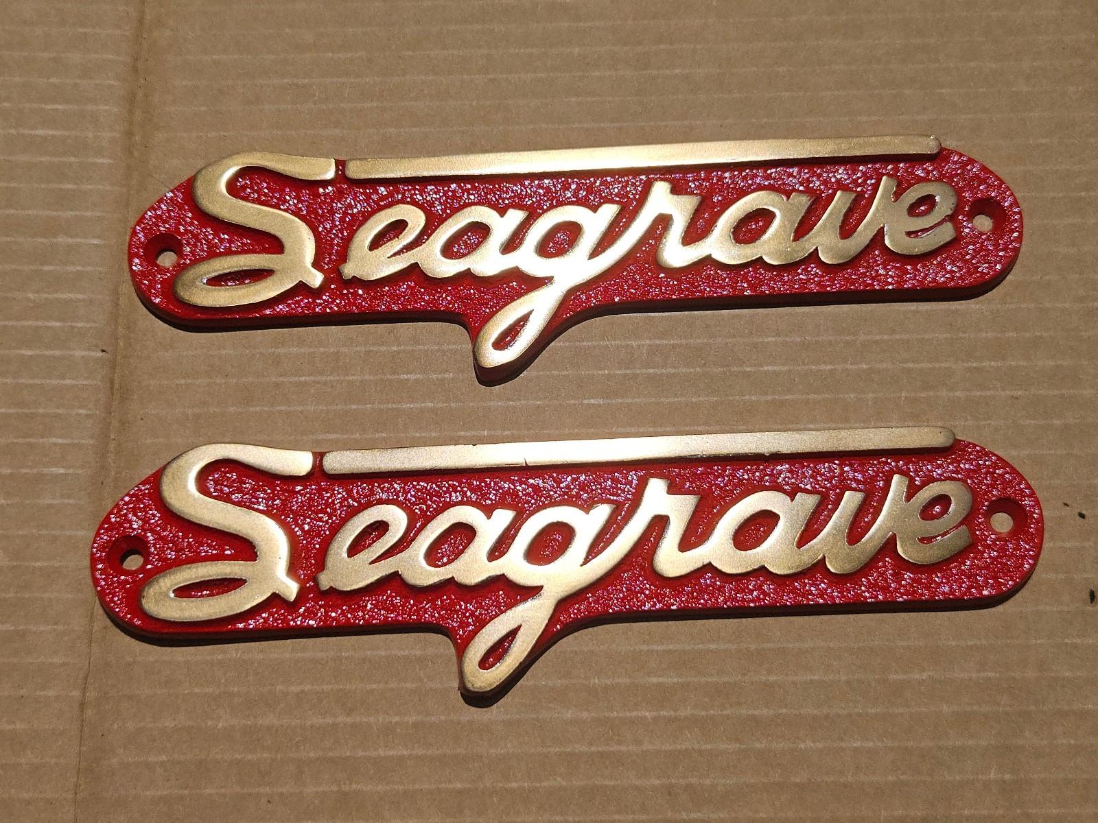 1 PAIR RARE 1950 SEAGRAVE FIRE PUMPER TRUCK  BRASS EMBLEMS-NAME PLATE-BADGES HTF