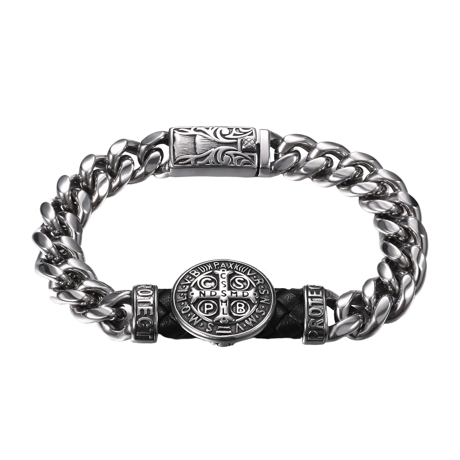 Men\'s Catholic St Benedict Medal Bracelet Stainless Steel Heavy Cuban Link Chain