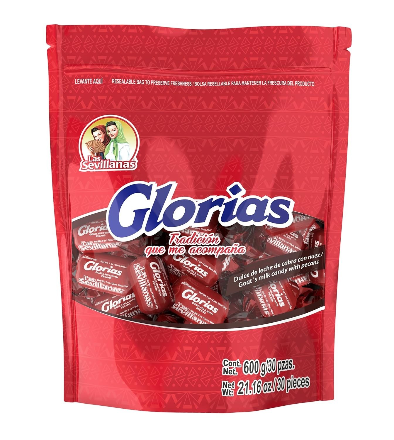 Las Sevillanas Glorias Dulce de Leche Cajeta Candy with Pecans, 30 Pcs Bag | Sof