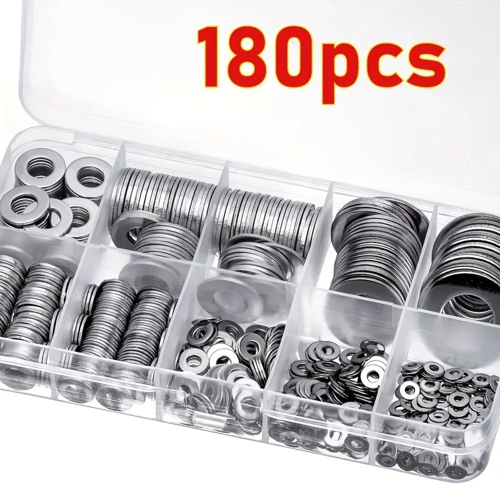 180PCS Stainless Steel Flat Washer Set - Multi-Size for Repairs & DIY