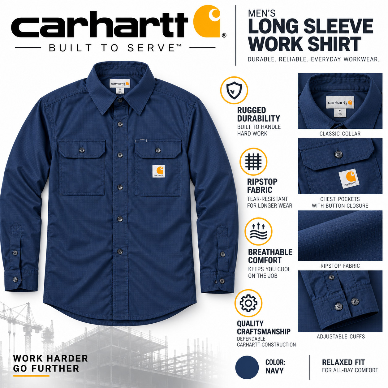 Carhartt Mens Long-Sleeve Button-Down Work Shirt, Navy