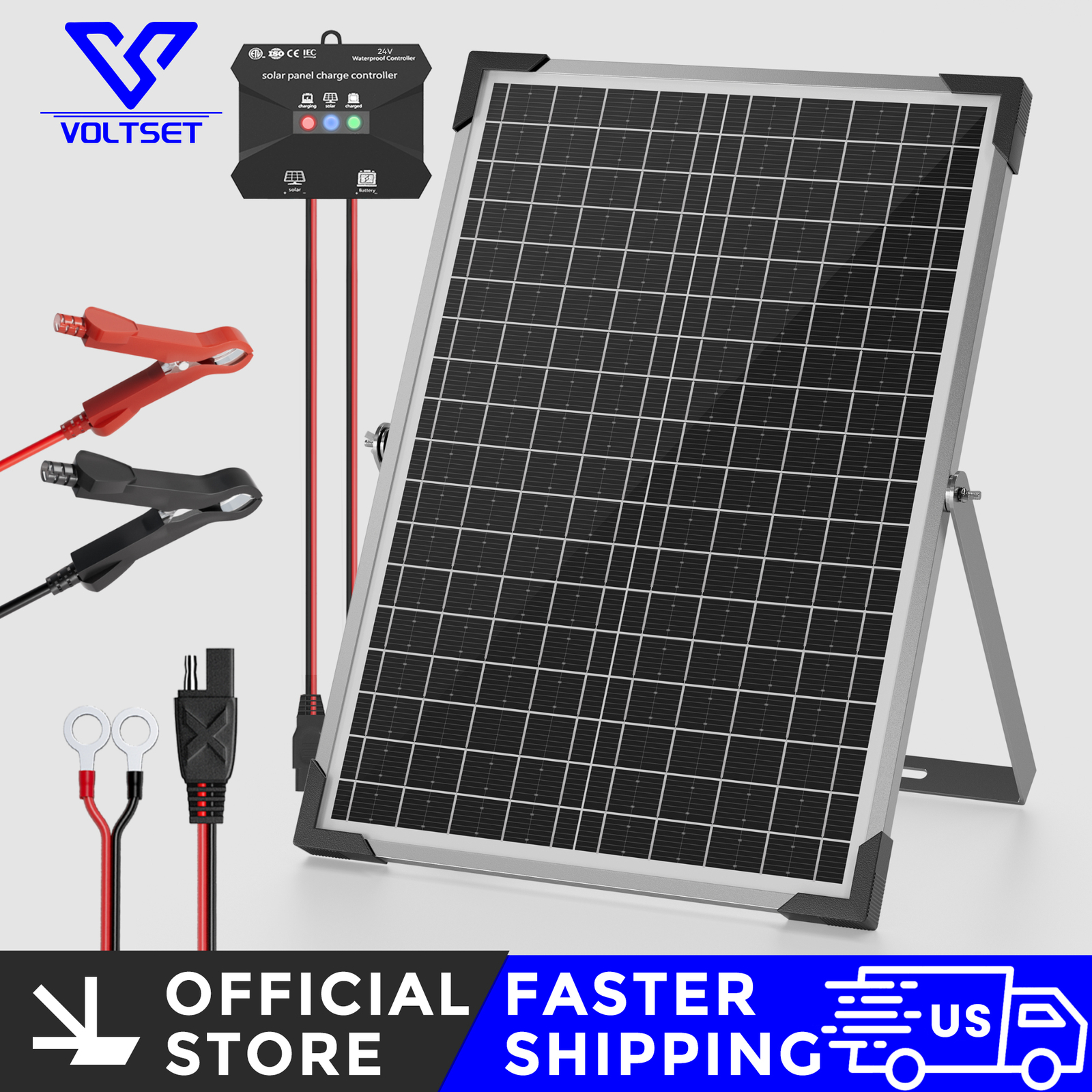 VOLTSET 24V 30W/50W Solar Panel Kit Solar Trickle Charger, Charge 24V Battery