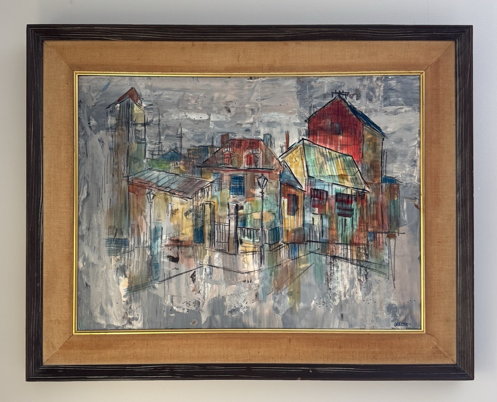 Vtg 50-60s Original Oil Painting MCM Abstract Art Urban Landscape Signed 18x24