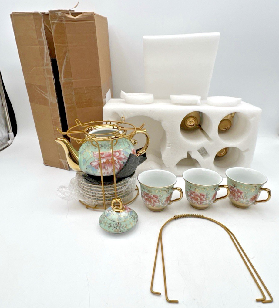 ZHEHAO 20PC PORCELAIN TEA SET PINK GREEN GOLD HOLDER POT CUPS SAUCERS SPOONS XO