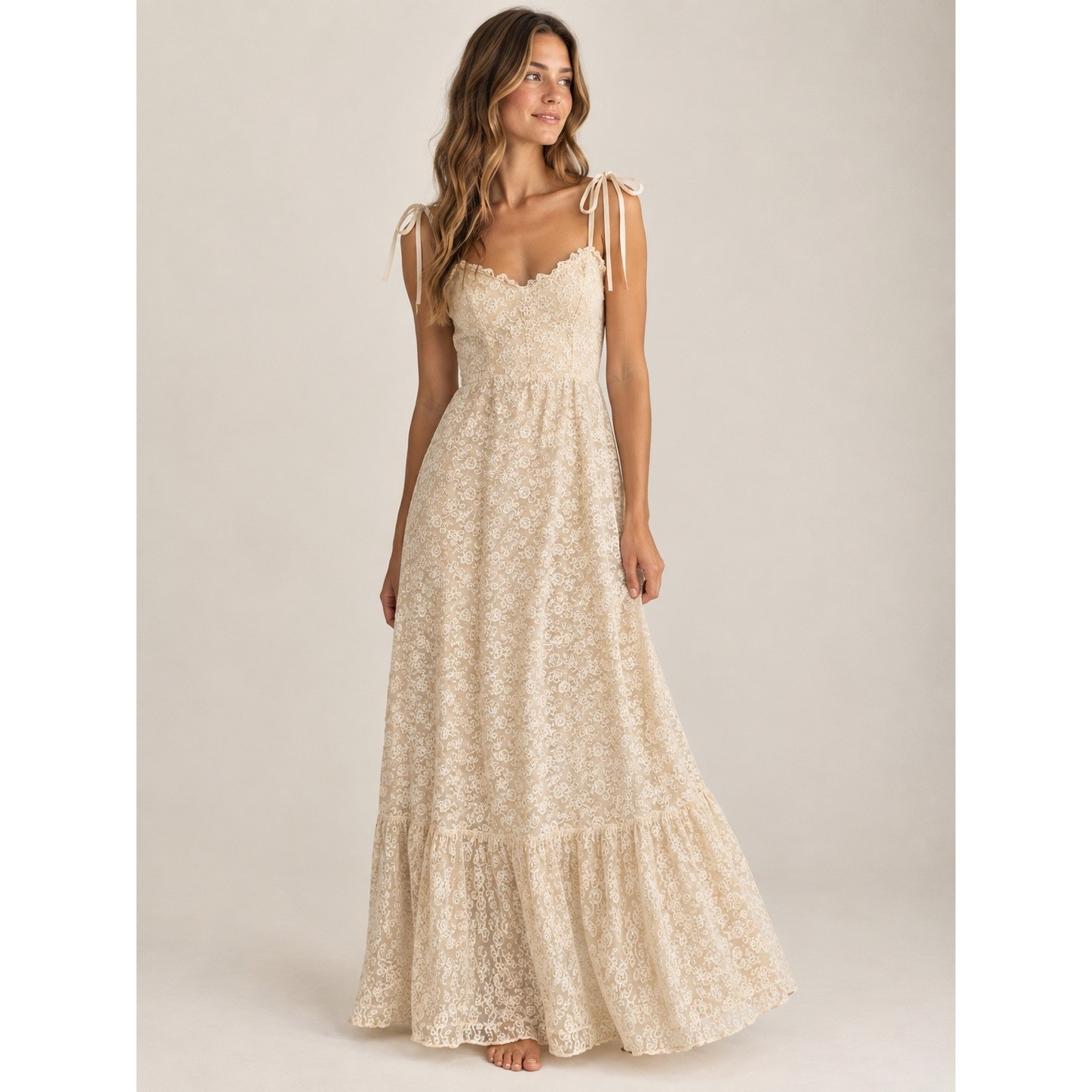 Vintage 1970s Candi Jones California Lace Maxi Dress Cream Tie Strap Small