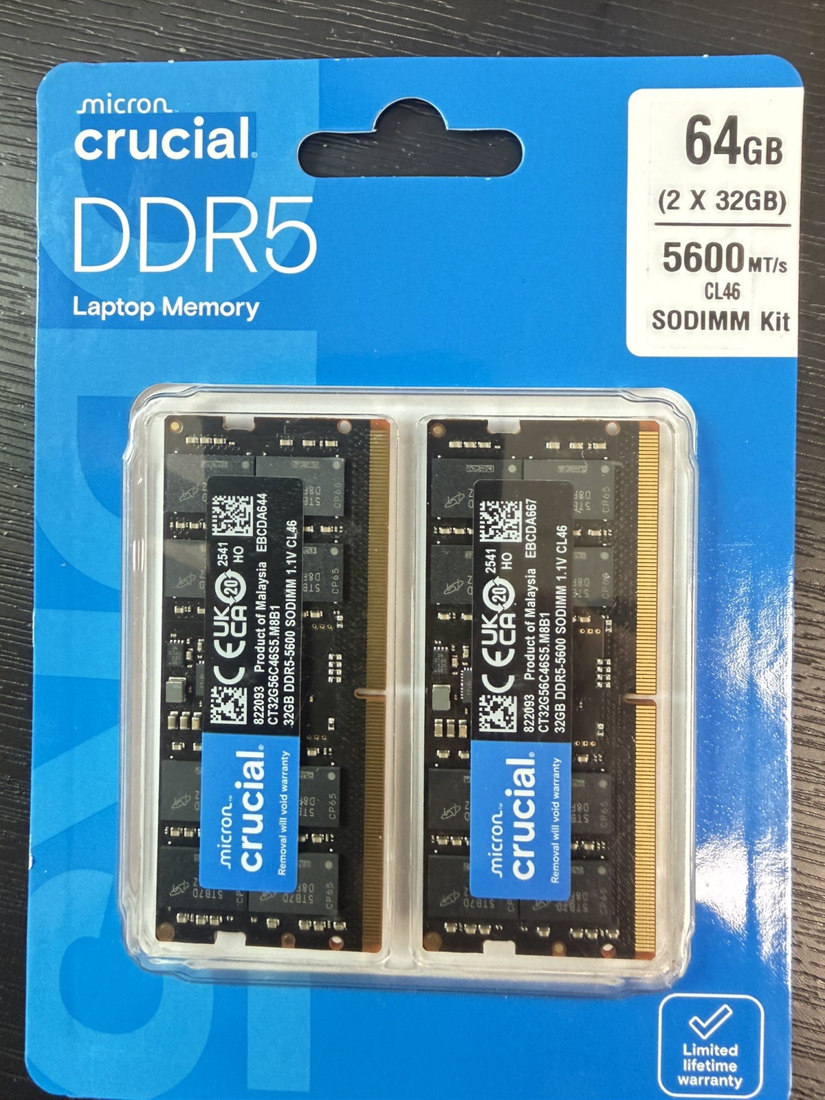 Crucial 64GB Kit (2x32GB) DDR5 5600MHz CL40 Laptop Memory CT2K32G56C46S5 Crucial 64GB Kit (2x32GB) DDR5 5600MHz CL40 Laptop Memory CT2K32G56C46S5