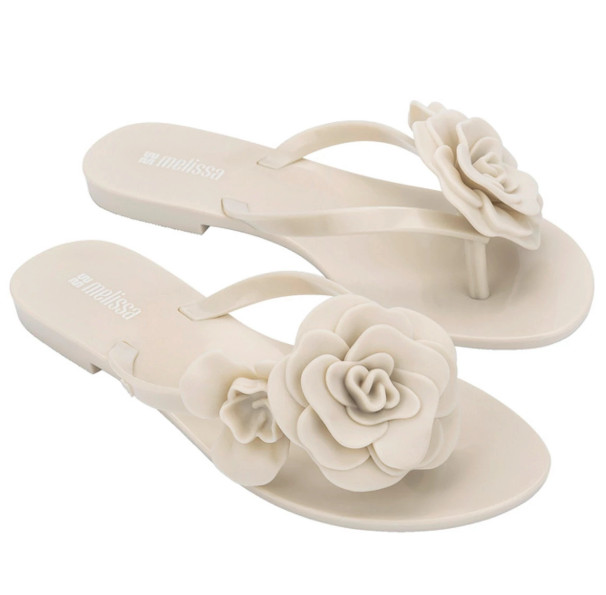 New w/ Melissa Shoes Harmonic Flip Flops Beige Floral Waterproof Jelly Sandals