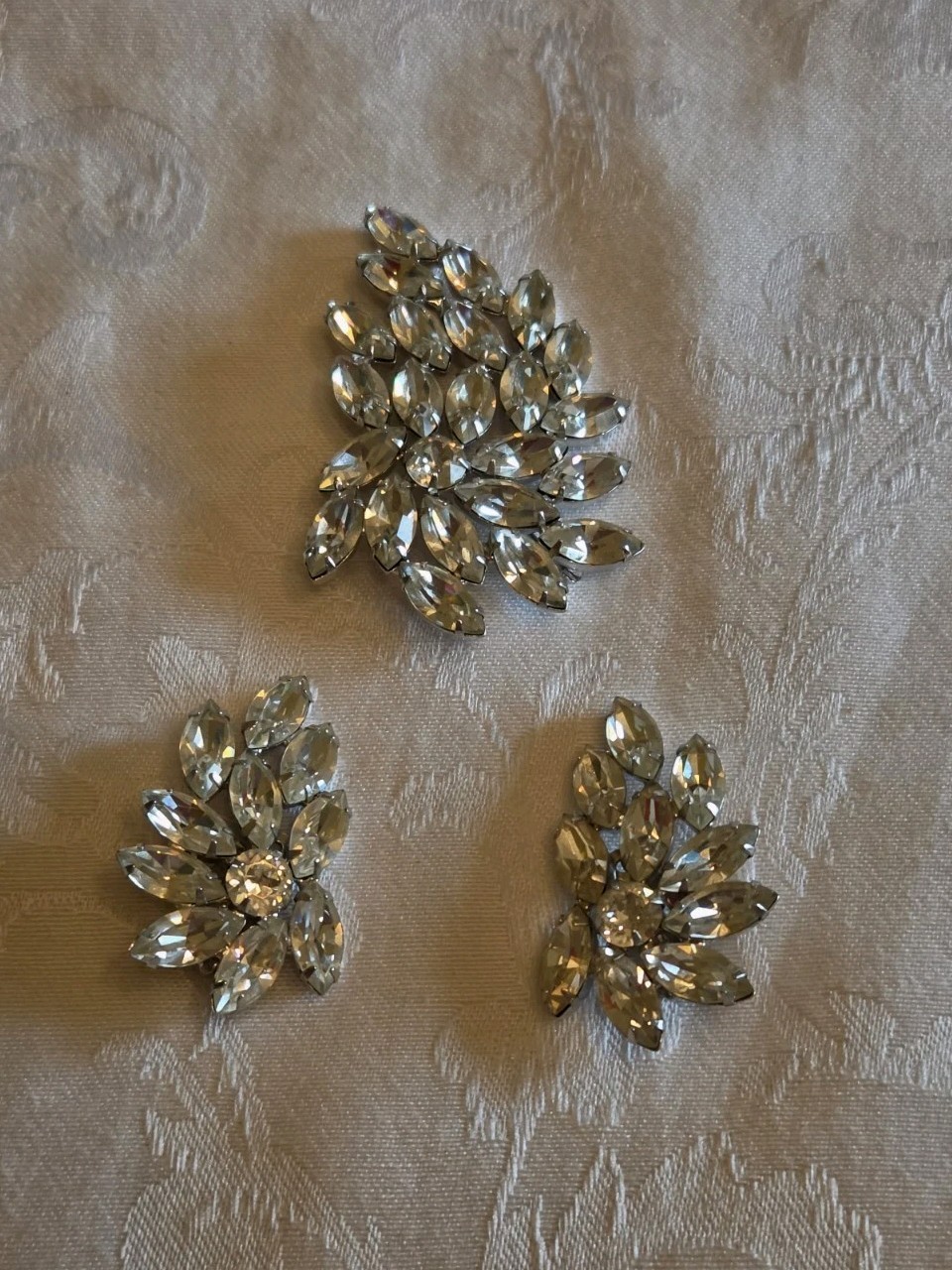 Vintage Signed B. David Clear Rhinestone Brooch Clip Earrings Set Mid-Century...