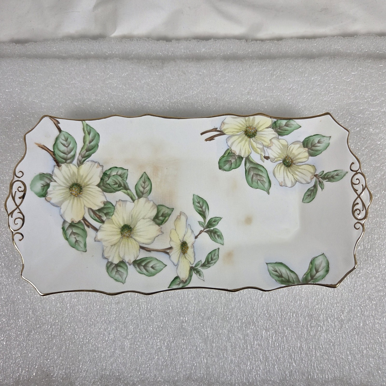 Vintage Tuscan Bone China Tray Dogwood England 11+ Inch Floral Plate Gold Trim