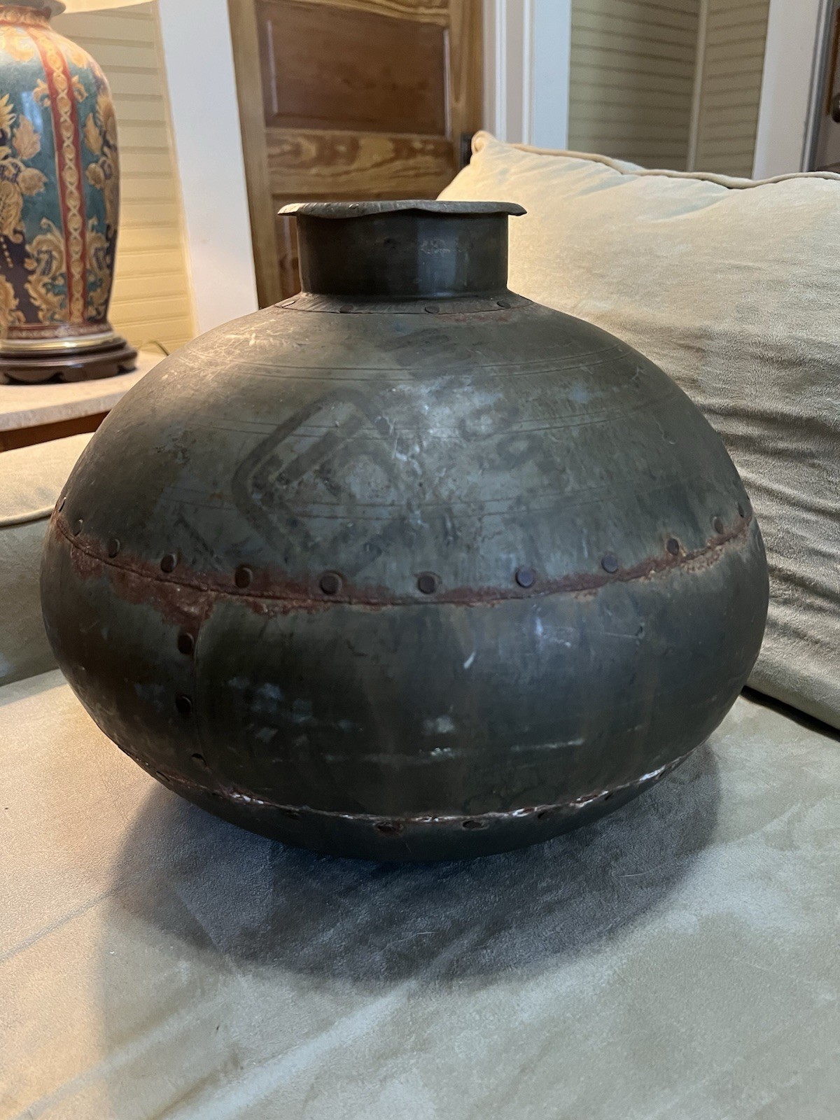 Vintage Indian Metal Water Carrier Vase Rusty Crusty