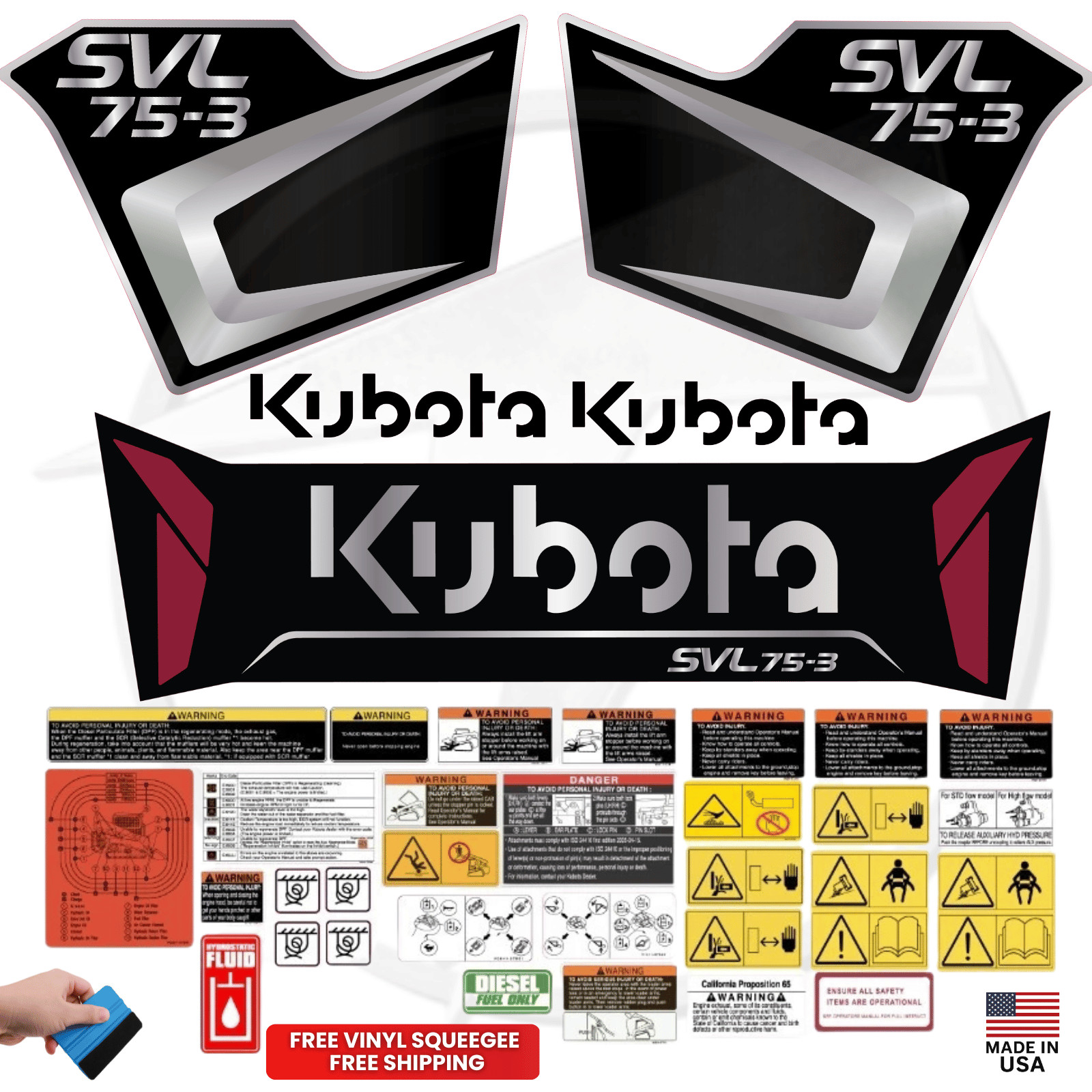 Fits KUBOTA SVL75-3 Complete Decal Kit Skid Steer Stickers - Black Edition
