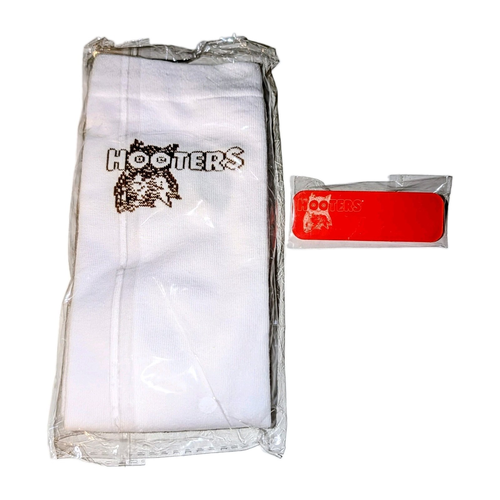HOOTERS Uniform Socks White Knit Slouch with Owl Logo + Blank Name Tag Badge NEW