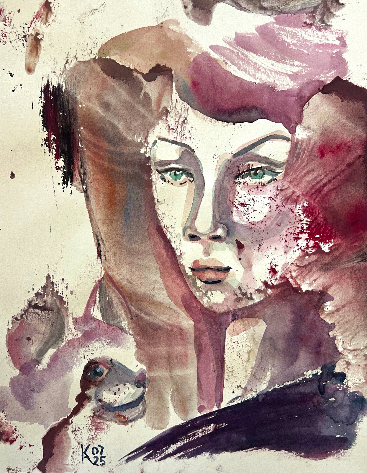Signed  Abstract Woman Portrait Vertical Paper original watercolor