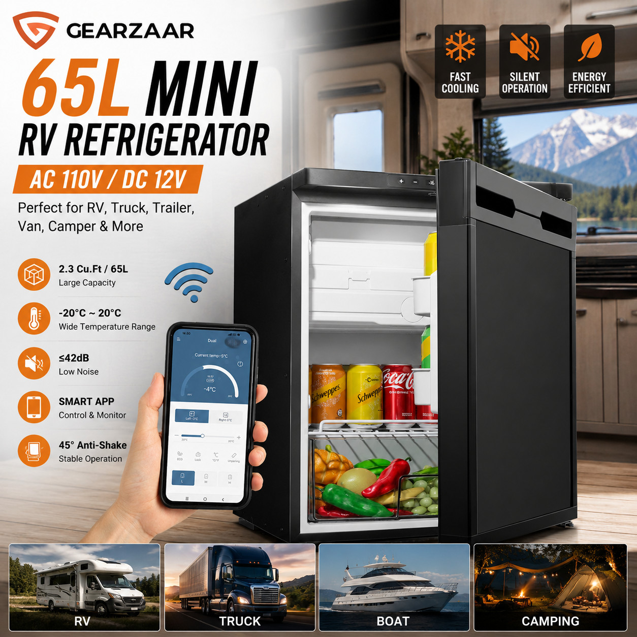 12V 110V Mini RV Refrigerator AC DC 2.3 cu ft 65L Silent Fridge for Truck Camper