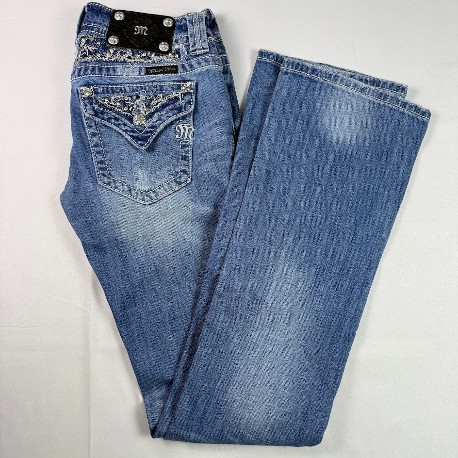 Miss Me JP5365B2 Women Bootcut Jeans Blue Embellished Flap Pocket Size 26