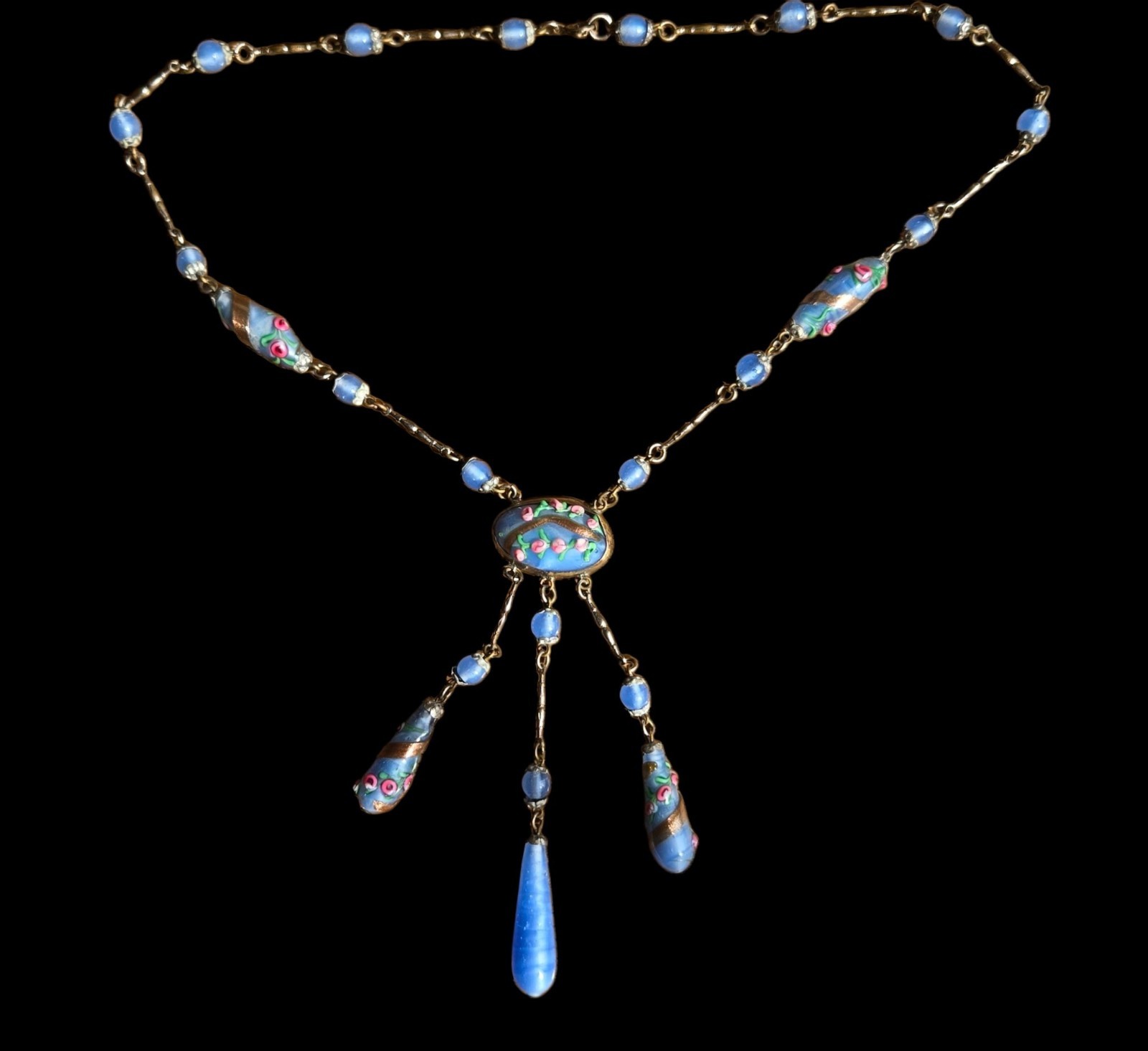 Antique Art Deco Czech Satin Glass Tasseled Lavalier Necklace w/Applied Flowers Antique Art Deco Czech Satin Glass Tasseled Lavalier Necklace w/Applied Flowers