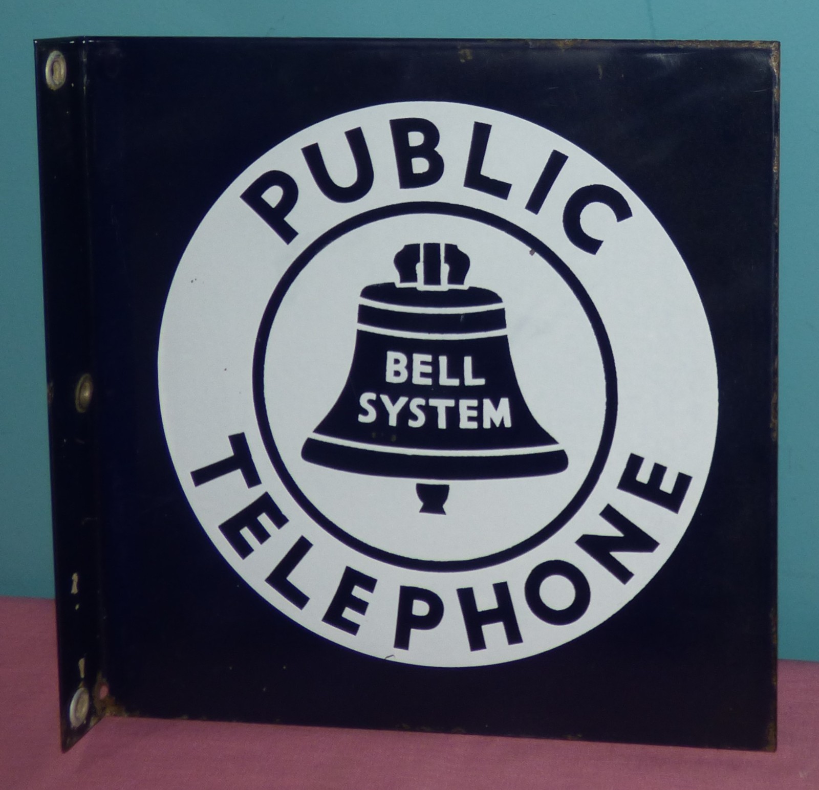 Vintage Public Telephone Bell System Porcelain Double Sided Flange Sign 11x11