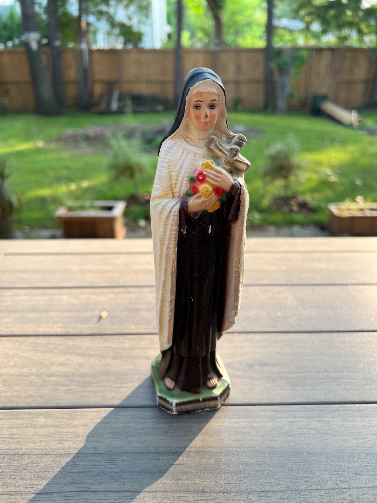 Vintage St Therese of Lisieux Little Flower Chalkware Statue Crucifix Roses