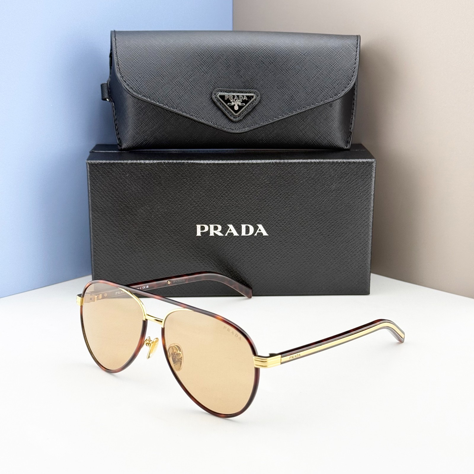 Prada SPRB57 Aviator Sunglasses Tortoise Gold Frame Brown Lens Unisex 59mm